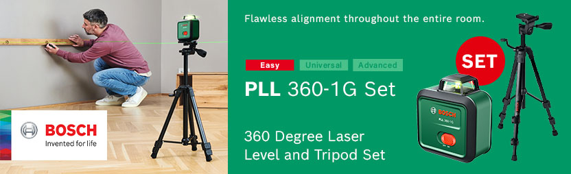 Bosch PLL 360-1G Set 360 degree green laser level and tripod set in use aligning a shelf on a wall – flawless room alignment