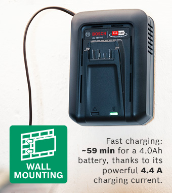 Fast charging: ~59 min for a
4.0Ah battery, thanks to its
powerful 4.4A charging current Bosch PowerForAll P4A AL 18V-44 Fast 4.4A charging current Battery Charger 18v Cordless Li-ion Integrated Wall Mount