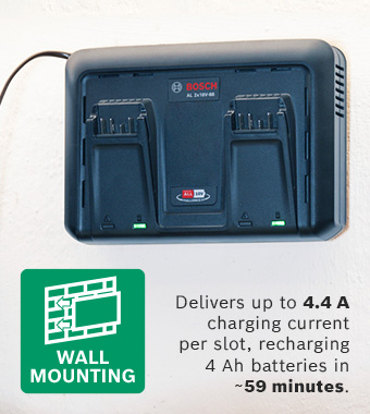 Delivers up to 4.4 A charging
current per slot, recharging
4 Ah batteries in ~59 minutes. Bosch PowerForAll P4A AL 2X18V-88 Fast 4.4A charging current Battery Charger 18v Cordless Li-ion Integrated Wall Mount