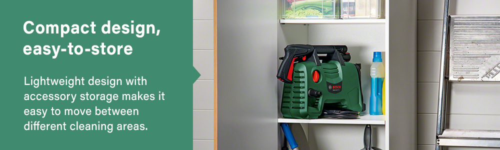 Compact, portable design with a broad base
for extra stability and storage for all accessories. Bosch EASYAQUATAK 100 Compact Portable