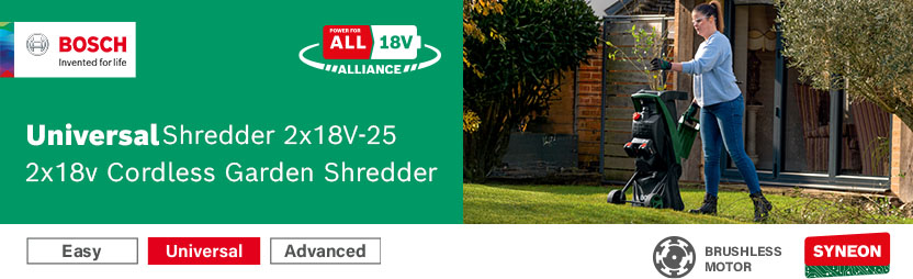 Bosch UniversalShredder 2x18V-25 36V cordless garden shredder – brushless motor, Syneon technology, 18V Power For All Alliance compatible