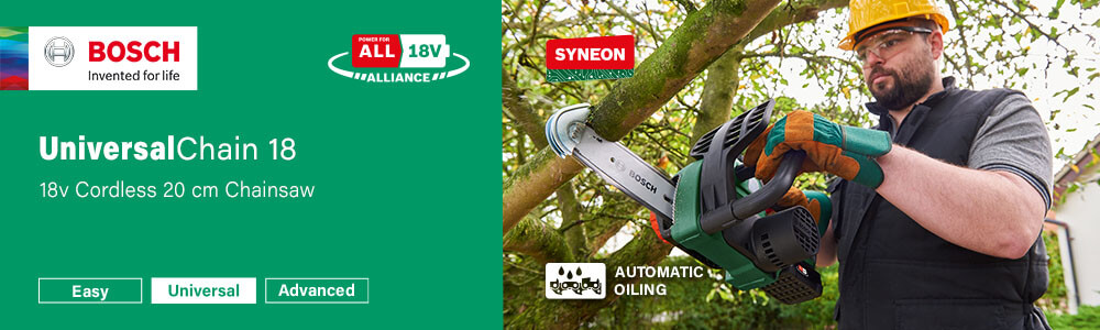 Bosch UniversalChain 18
18v Cordless Chainsaw 200mm Bosch UniversalChain 18v Cordless Chainsaw 200mm