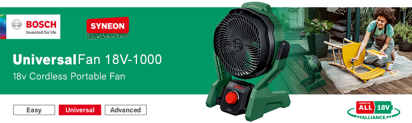 Bosch UniversalFan 18V-1000 P4A
18v Cordless Portable Fan Bosch UniversalFan 18V-1000 P4A Power For All 18v Cordless Portable Fan