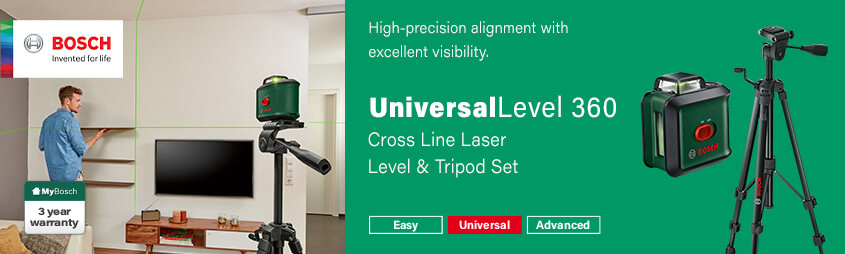 Bosch UniversalLevel 360
Self-Levelling Cross-Line Green Laser Level Bosch 0603663E06 UniversalLevel360 Green Self-Levelling Laser Level Tripod Set