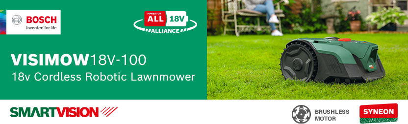 Bosch VISIMOW 18V-100 P4A 18v Cordless SmartVision Camera Robotic Lawnmower 155mm – Brushless Motor, Syneon, Power For All 18V Alliance Bosch VISIMOW 18V-100 cordless robotic SmartVision mower with 18V Power For All battery compatibility brushless motor Syneon chip technology