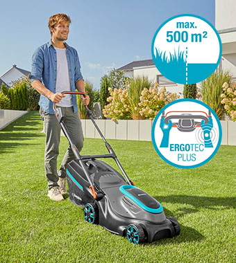 Compact lawnmower ideal on
medium-sized lawns up to 350m². Gardena 14638-55 POWERMAX 37 36v Cordless Lawnmower ErgoTec Plus