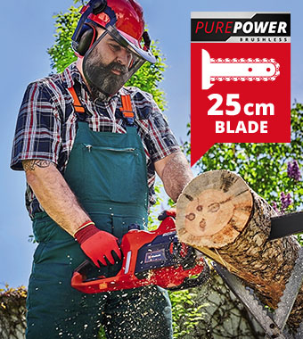 18V Power X-Change cordless chainsaw
with PurePOWER brushless motor and
25cm Oregon bar. Einhell GE-LC 18/25 Li BL chainsaw cutting wood – 18V Power X-Change, brushless motor, 25cm Oregon bar