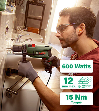 Effortless and comfortable precision
drilling in several materials
Keyless twin-sleeve chuck for fast and easy drill
bit changes
Electronic Speed Control for trigger-enabled control
of speed when drilling
Light at 1.7 kg, compact, and ergonomic for
comfortable handling
Effortless drilling in masonry up to 12 mm and
wood up to 25 mm Bosch EasyImpact 600 Impact Hammer Drill keyless chuck drilling masonry wood soft concrete metal lightweight