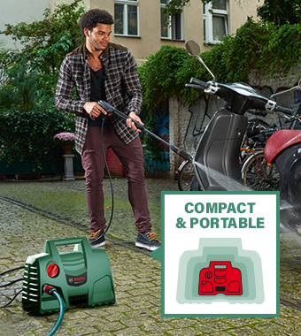 Ideal for cleaning cars, bikes,
patios and garden furniture. Bosch EASYAQUATAK 100 Pressure Washer Self priming