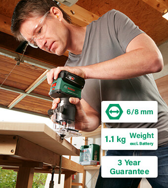 Powerful, compact cordless router for creative woodwork
Brushless motor ensures maximum performance
and a significantly longer service life.
Compact, lightweight design (1.1 kg without battery)
for effortless do-it-yourself milling.
Bosch AdvancedTrimRouter 18V-8 Cordless Brushless Motor Compact Trim Router Milling
