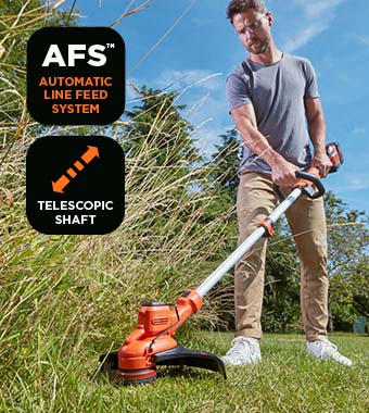 AFS - Automatic Line Feed System
keeps the line at a consistent length. Black Decker BCSTA5362 36v Grass Trimmer Telescopic shaft Automatic line feed AFS Edging