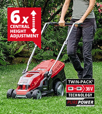 Central cutting height adjustment
with six cutting heights. Einhell 36v Cordless PurePOWER Brushless motor Lawnmower 6 height adjustments