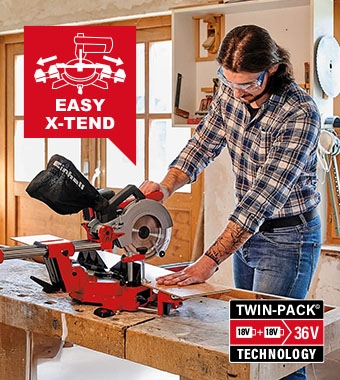 X-Tend work supports with ergonomic
singlehand operation facility. Einhell TE-SM 36/210 36v Cordless Sliding Mitre Saw X-Tend 210mm
