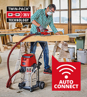 Wet/dry vacuum cleaner can be
connected to various Einhell devices
in the workshop and garage. Einhell TP-VC-36-30-S-Auto 36v TWIN-PACK Cordless Wet Dry Vacuum Cleaner Dust extraction suction Stainless steel Blowing wireless connectivity