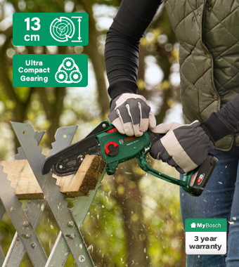 Compact, high-powered cordless pruner
saw for quick and easy cutting. Bosch EasyChain 18V-15-7 Brushless Chainsaw