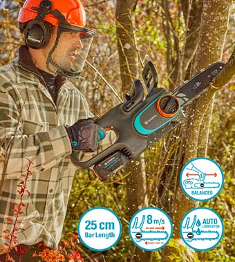 Gardena 14790-55 PowerSaw 250 P4A 18v Cordless Brushless Chainsaw 25cm bar LubriTec oiling Oregon