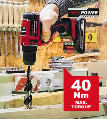 The powerful two-speed gearbox of the cordless drill
enables powerful drilling and screwing with 40 Nm
torque and 21 torque levels. Einhell TE-CD-18-80-Li-i-BL 18v Cordless Brushless PurePOWER Drill Driver torque 40Nm