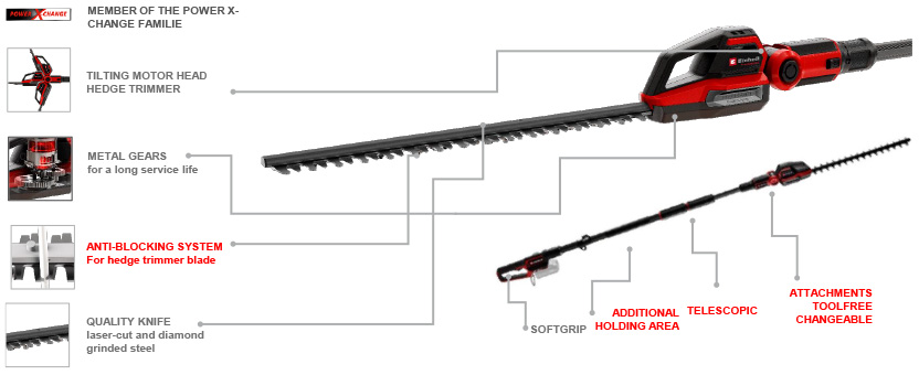 Features & Benefits
• Member of the Power X-Change family
• Brushless motor - more power and longer running time
• Brushless - 10-year motor warranty after registration
• Infinitely and toolless adjustable telescopic handle
• 8-position tilting motor head for flexible working
• Blade made from laser-cut and diamond-ground steel
• Anti-blocking-system for optimum safety at work
• Metal gearbox for long service life
• Comfortable grip thanks to integrated soft grip surfaces Einhell Professional GP-LC 18/20 Li T BL 18v Pole Hedge Trimmer Brushless PurePOWER motor