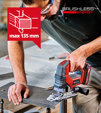 Perfect equipment for ambitious DIY enthusiasts. It saws up
to a cutting depth of 135 mm in wood and 10 mm in steel. Einhell TP-JS-18-135-Li-BL 18v Cordless Brushless Jigsaw PurePOWER