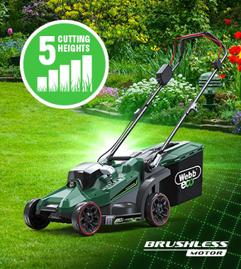 5 CUTTING HEIGHTS
Simply raise the single lever to lower the blade
for cutting lengths of grass from 25-65mm. Webb WEV20LM33 20v Cordless Brushless Rotary Lawnmower 33cm 35-litre collection box cutting height