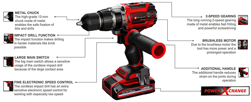 Features & Benefits
• A member of the Power X-Change family
• Brushless motor - more power and prolonged operation
• Impact drill function for universal application
• High-grade 13mm metal drill chuck
• 2-speed gearing for powerful driving and fast drilling
• Ergonomic design with Softgrip for comfortable operation
• Less strain on the joints during operation thanks to add. handle
• Complete with LED lamp to illuminate the work area
Einhell Professional TP-CD 18/60 Li-i BL Combi Drill Functions metal keyless chuck