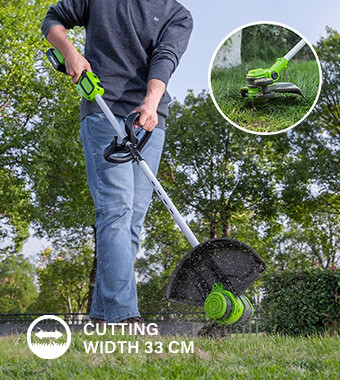 Brushless motor - ensures energy efficiency
and longer runtimes per battery charge. Greenworks GD24LT33 Brushless motor runtime Automatic line feed edging mode