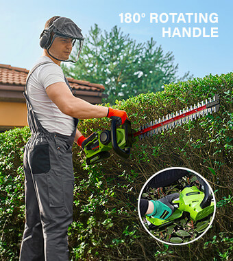 TRIMMER HEAD PIVOTS FOR COMFORTABLE
AND ACCURATE TRIMMING - head can be
moved by up to 180° to cut hedges horizontally
and vertically with accuracy and precision. Greenworks GD24HT61 Brushless motor runtime Hedge Trimmer rotating handle
