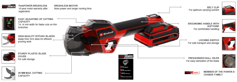 Features & Benefits
• Member of the Power X-Change family
• Brushless motor - more power and longer runningtime
• Adjustable cutting capacity for thinner or thicker branches
• Effortless cutting of branches up to 28 mm thickness
• Faster cuts on thin branches with 14 mm cutting capacity
• Bypass blades made from SK5 steel for efficient pruning work
• Clean, sharp cut close to the branch for optimal growth
• Sturdy blade cover for safe storage
• Locking switch for safe transport and storage
• Pressurised ball oiler for easy lubrication of the blade
• Belt clip for optimum carrying comfort
• Comfortable handling thanks to slim design and soft grip Einhell Professional GP-LS 18/28 Li BL 18v Pruning Shears Brushless PurePOWER motor