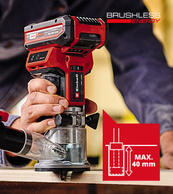 Perfect tool for precisely machining wooden edges. The
router cutter has a large stroke height of 40 mm, a chip
shield, an overload protection and a spindle lock. Einhell TP-ET-18-Li-BL 18v Cordless Brushless Trim Router PurePOWER