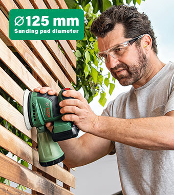 Compatible with standard 125mm
hook and loop sanding discs. Bosch EASYORBIT 18V-10 Cordless Disc Sander Microfilter dust box swirl-free finish