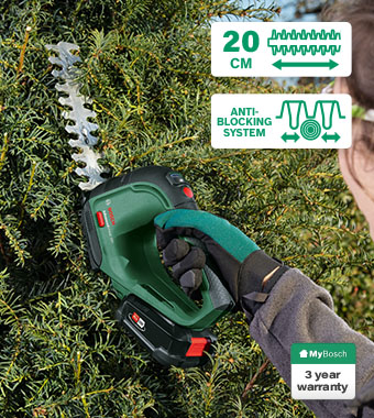 Compact and strong: Versatile,
powerful grass and shrub shear. Bosch AdvancedShear 18v shaping trimming young hedges shrubs grass