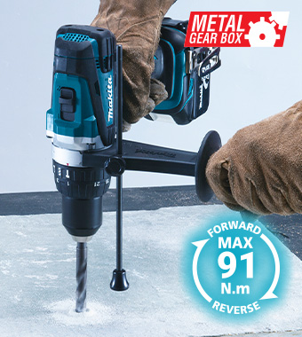 Rugged combi drill (Max. torque of 91 / 58 Nm)
for heavy-duty screwdriving and drilling. Makita DHP458 18v LXT Cordless Combi Drill Torque Metal Gears Mechanical 2-Speed Keyless chuck