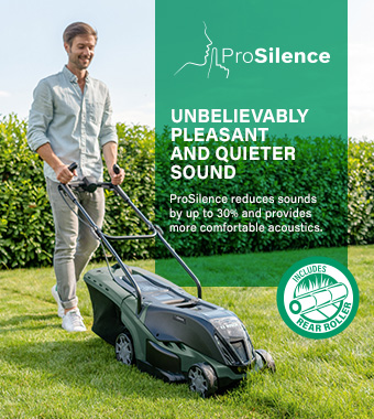 ProSilence design for reduced noise and
less disturbance to others in the vicinity. Bosch UNIVERSALROTAK 36-560 36v Cordless Brushless Lawnmower ErgoFlex GrassCombs