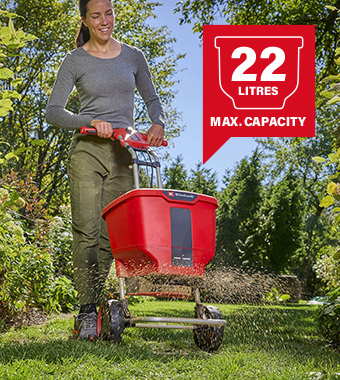Large container holds up to
22 litres of material at a time. Einhell GE-SR-18-22-Li 18v Cordless Multi-Purpose Spreader seeds fertiliser salt
