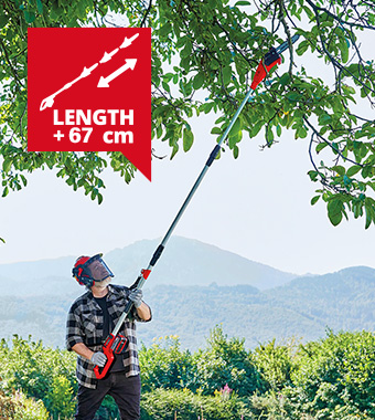 Thanks to the telescopic function, the sturdy split shaft can
be adjusted to any length between 228 and 288 cm. Einhell GC-LC-18-20-Li-T 18v Cordless telescopic Pole Tree Pruner OREGON