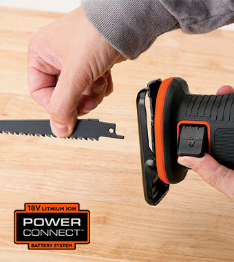 Cordless Power and Convenience.
Part of the 18V Power Connect Lithium-Ion System Black Decker BDCR18 Power Connect Cordless Reciprocating Saw