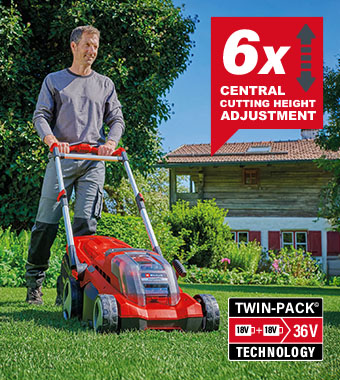 PurePOWER Brushless motor - more power and longer runtime
Central cutting height adjustment with six cutting heights. Einhell Professional RASARRO-36-38 36v Cordless PurePOWER Brushless Rotary Lawnmower 38cm