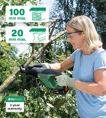 Deep cuts in wood; also cuts steel, plastic,
chipboard, rubber, and plasterboard. Bosch AdvancedRecip PowerForAll P4A 18v Cordless Recipro Reciprocating Saw cutting branches beams flush cut SDS