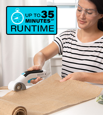 Up to 35 minutes of continuous runtime
cutting 2mm card on a full battery. Black Decker BCRC115 Cordless Rotary Cutter craft project DIY