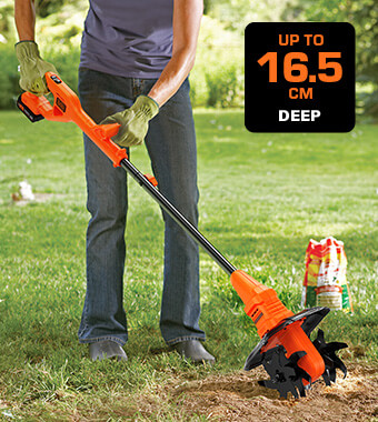 Up to 16.5cm deep, suitable for aerating
and mixing soil, removing small weeds. Black Decker BETL1820L 18v Cordless Tiller Cultivator