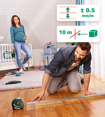 Perfect for renovations, decorating,
and maintenance work
• Projection of a laser cross with additional vertical line
at a 90° angle and bottom plumb point.
• High-quality, bright laser diodes with accuracy of
+/- 0.5 mm/m for precise working results. Bosch 0603663904 UniversalLevel3 Cross Line Laser Level