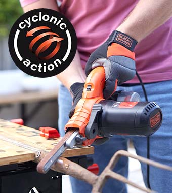 Efficient cyclonic suction system
that allows you to attach your
vacuum directly to the tool, so
dust is sucked away as you work. Black and Decker KA900E Powerfile Cyclonic action dust canister Variable speed Belt Sander