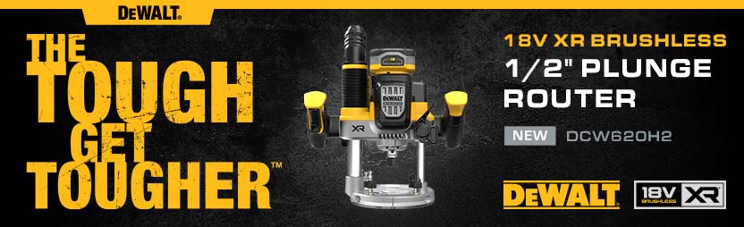 DeWalt DCW620 18V XR 1/2" Cordless
Brushless Plunge Router DeWalt DCW620H2 18V XR Cordless Brushless Plunge Router 1/2in 1/4in Collet Centering Cone AirLock Dust Port
