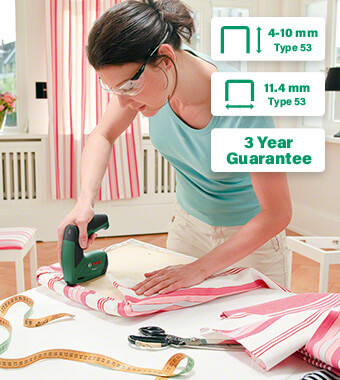 Small, practical cordless tacker with
lithium-ion technology
Charge level indicator: No surprise power
interruptions or charging delays
Easy-to-operate Push + Release System offers
control and prevents self-triggering
Practical fill level indicator clearly shows
when staples need to be refilled
Ideal for fastening fabrics, cardboard, and
paperboard onto softwood surfaces
Integrated 3.6 V lithium-ion battery for long runtimes Bosch Bosch PTK 3-6 LI Cordless Staple Gun Decorate Arts Crafts Projects Fastens fabric foil cardboard leather wood