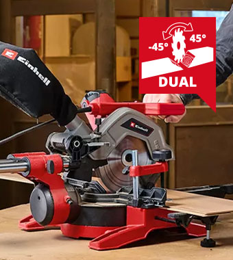 Dual bevel: head can be tilted
up to 45° in either direction. Einhell TE-SM 8 L Dual Bevel Sliding Compound Mitre Saw 216mm