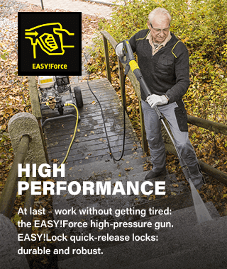 EASY!Force
High Performance
At last – work without getting tired:
the EASY!Force high-pressure gun.
EASY!Lock quick-release locks: durable and robust. Karcher HD715G Pressure Washer