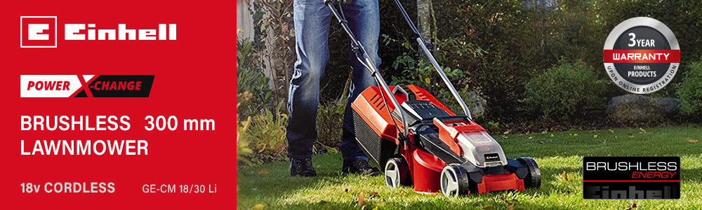 Einhell GE-CM 18/30 Li
18v Power-X-Change Cordless
Brushless Lawnmower 300mm Einhell GE-CM 18-30 Li 18v Cordless Brushless Lawnmower 300mm Power-X-Change