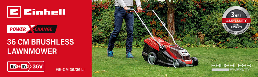 Einhell GE-CM 36/36 Li Brushless
36v Cordless Rotary Lawnmower 360mm Einhell Power-X-Change GE-CM 36/36 Li 36v Cordless Brushless Rotary Lawnmower 360mm