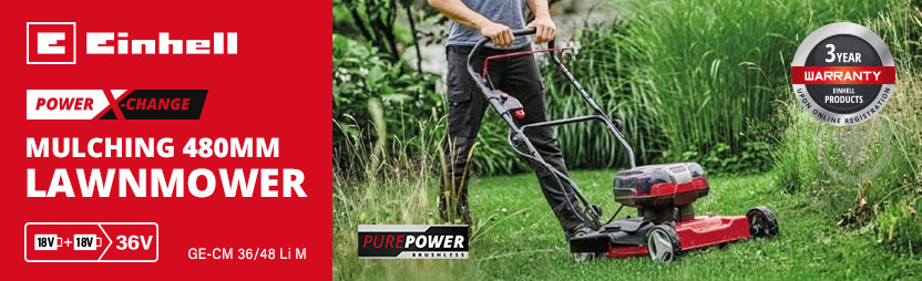 Einhell GE-CM 36/48 Li M
36v Cordless Brushless
Mulching Rotary Lawnmower 480mm Einhell GE-CM 36/48 Li M 36v Cordless Power X-Change Brushless Mulching Rotary Lawnmower 480mm