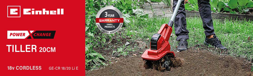 Einhell GE-CR 18/20 Li E
18v Power-X-Change Cordless
Tiller 200mm Einhell GE-CR 18-20 Li E 18v Cordless Tiller 200mm Power-X-Change